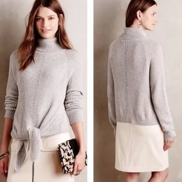 Anthropologie Moth Gray Ribbed Tie Front Turtleneck Sweater, Size M - Picture 1 of 7